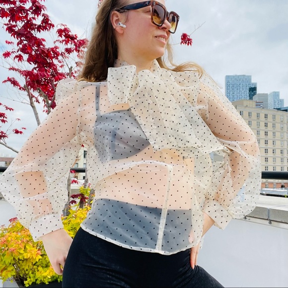 COPY - Transparent Polka Dot Puff Sleeve Shirt Bishop Statement Sleeves Neck Bow - Picture 3 of 16